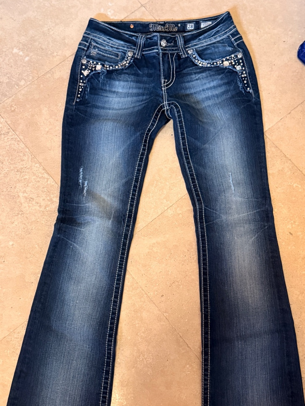 Miss Me Dark Blue Wide Leg Jeans with Rhinestone Pocket Detail